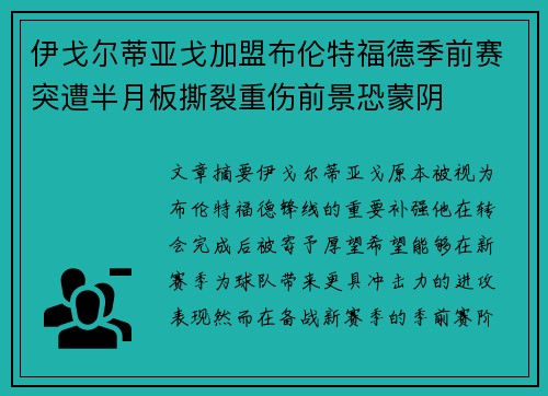 伊戈尔蒂亚戈加盟布伦特福德季前赛突遭半月板撕裂重伤前景恐蒙阴 伊戈尔蒂亚戈加盟布伦特福德季前赛突遭半月板撕裂重伤前景恐蒙阴
